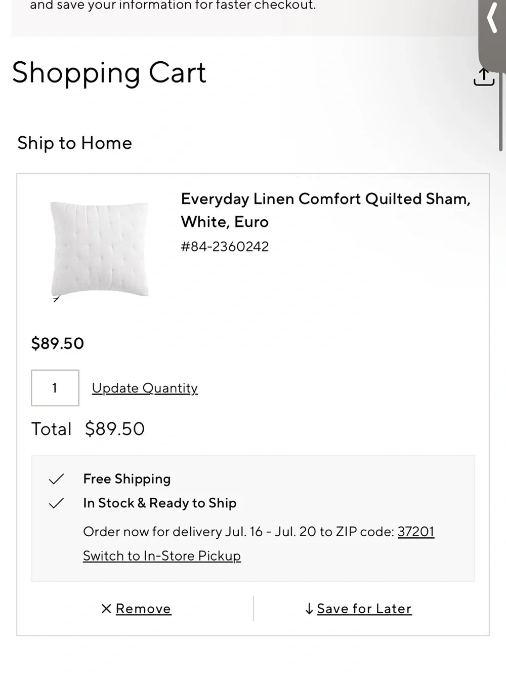 NWT Pottery barn sham